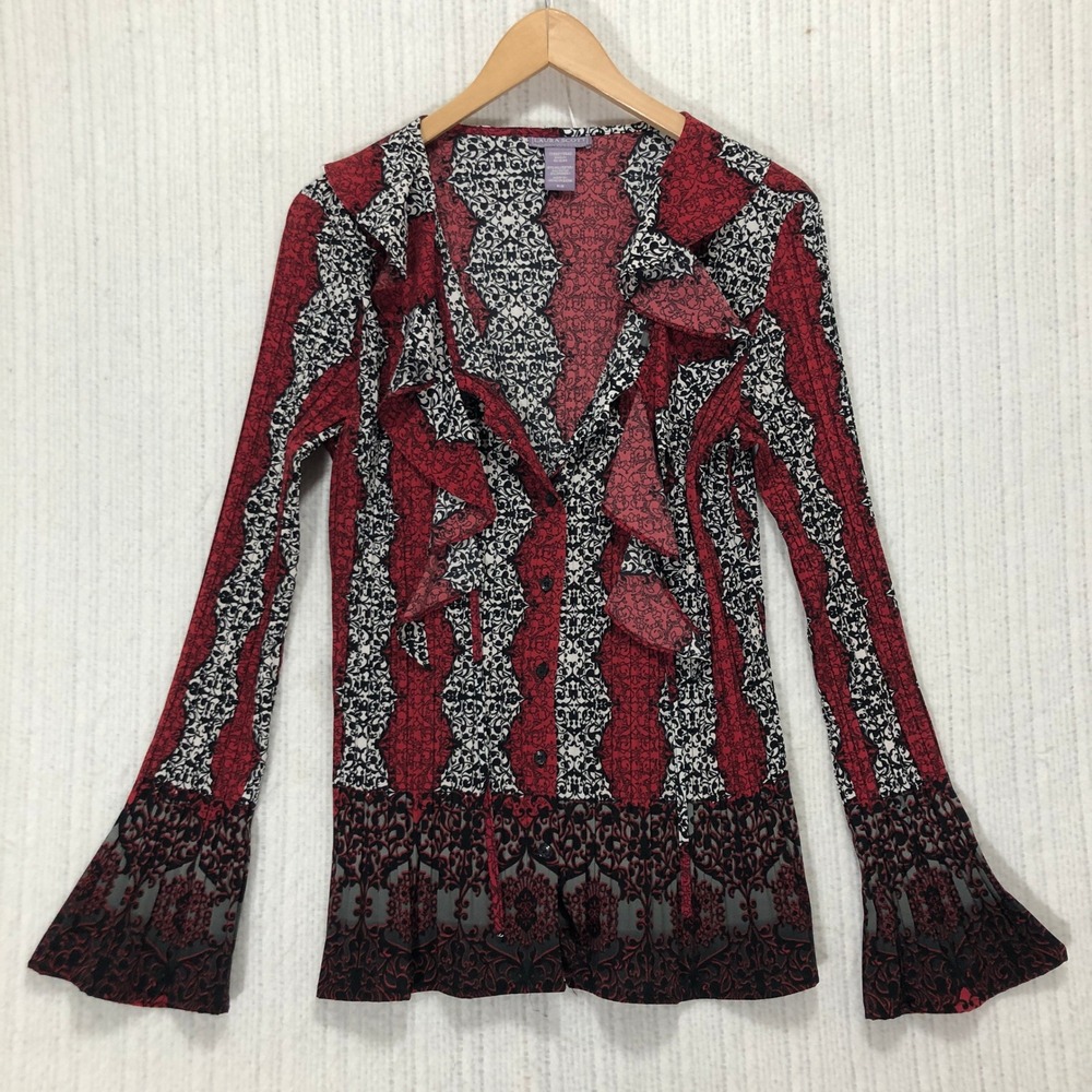 Laura Scott Ruffle Blouse Long Sleeve Button‎ Front Pattern Top Size M/M